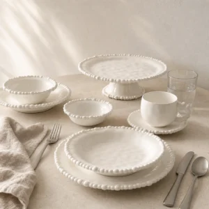 Color Value White French Pearl Edge Ceramic Dinnerware Set Elegant Steak Plate Bowl for Home Kitchen Dining