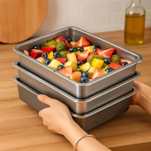 Three-Piece Stainless Steel Food Containers with Clear Stackable Lids, Leakproof Design for Kitchen and Outdoor Use