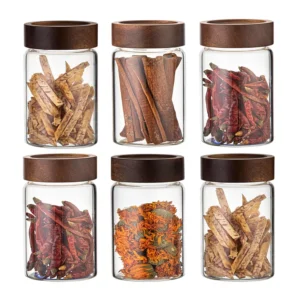 Glass Food Storage Jars with Screw Airtight Seal Acacia Wood Lids,Spice Jars with Lids, Organization for Jars Bottles Containers