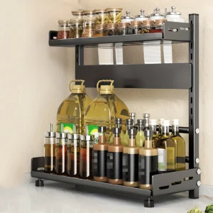 Versatile 2-Tier Carbon Steel Spice & Utensil Rack - Must-Have Countertop Storage for Kitchen Desk Organization