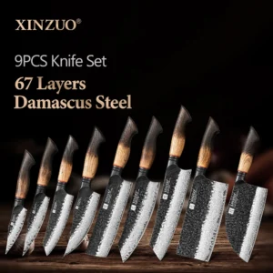XINZUO 1-9 Piece Damascus Knife Set 67-Layer Steel Paring Utility Santoku Nakiri Cleaver Bunka White Oak Red G10 Handles