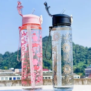 800ML New Creative Trendy Printed Space Cup with a Portable Strap, Pop-Up Lid, Plastic Design, Stylish Straw - For Teens & Adult