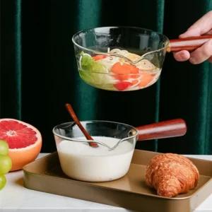 Salad Bowl Wood Handle Glass Milk Pot Transparent Heat-resistant Saucepan Mini Heating Cooking Pot Kitchen Cookware