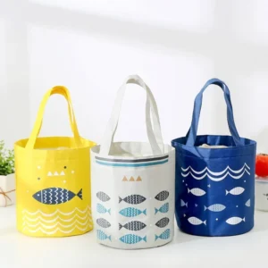 Nautical Fish Bucket Lunch Tote Cylindrical Insulated Cooler Bag, Aesthetic Canvas Thermal Snack Bag for Beach Picnic School
