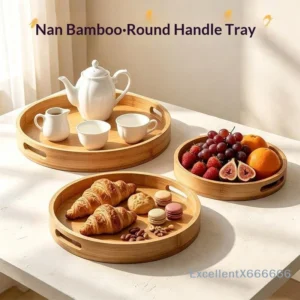 Round Bamboo Serving Tray With Handle Natural Wood Food Platter 25/30/35/40CM for Tea Breakfast Home Party Use