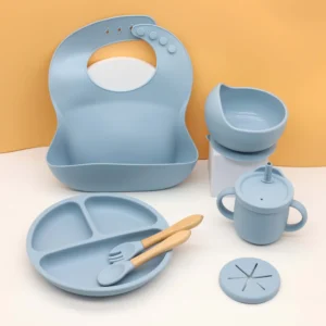 7pcs baby silicone tableware set, bib, dining plate, bowl with suction cup, 2-in-1 water cup, snack cup, wooden spoon and fork