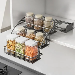 Carbon Steel 3-Tier Pull Down Spice Rack Space Saving Rust-proof Retractable Spice Rack Strong Load-bearing Large Capacity
